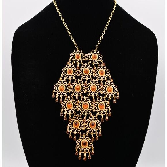 Vintage Cabochon Collar Bib Necklace Amber Dangle Retro Mid Century 60s Bin3C - Picture 1 of 12